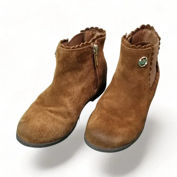 Michael Kors Girl's Ankle Booties Brown Faux Suede Zippers MK Logo Shoe Size 11K - Picture 1 of 11